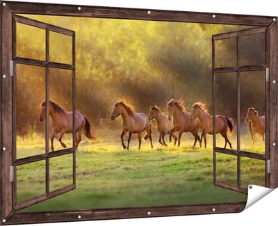 Gards Tuinposter Doorkijk Kudde Bruine Paarden in de Wei - 180x120 cm - Tuindoek - Tuindecoratie - Wanddecoratie buiten - Tuinschilderij