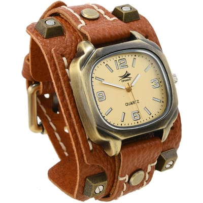 Retro Punk Hip-Hop Stijl Heren Quartz Horloge - Klinknagel Koeienhuid Leren Band, Verstelbaar Handgestikt beige