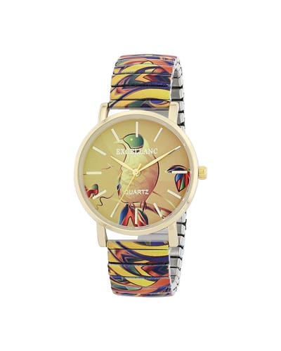 EXCELLANC- dameshorloge -rekbare band-rekband-staal-model 1700060-027 -diameter 36 mm-3 atm waterdicht-vogels/multicolor