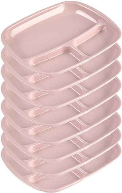 Plasticforte vakjes diner borden - 8x - roze - kunststof - 21 x 24 cm - 3 vakken - bbq en camping