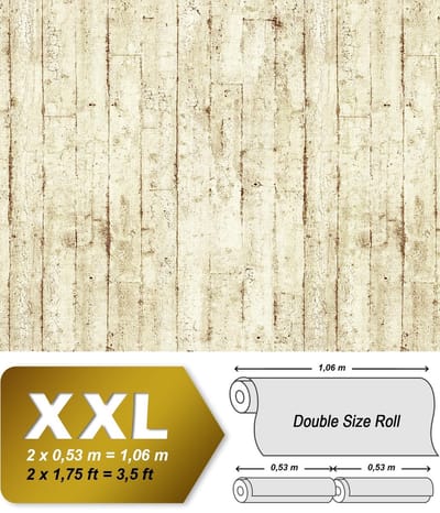 Hout behang EDEM 81108BR07 vliesbehang hardvinyl warmdruk in reliëf licht gestructureerd in shabby chic stijl mat crème beige bruin 10,65 m2