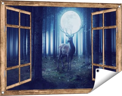 Gards Tuinposter Doorkijk Hert in het Bos tijdens Volle Maan - 90x60 cm - Tuindoek - Tuindecoratie - Wanddecoratie buiten - Tuinschilderij