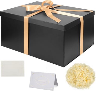 Grote Zwarte Cadeau Dozen met Deksel 38 x 28 x 19cm, Inclusief Lint, Ingevuld Papieren Snippers en Wenskaarten voor Kerst, Verjaardag, Bruiloft en Jubileum