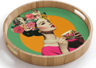 Dienblad rond 40x40 cm - Schootdienblad hout - Retro - Vrouw - Stad - Zon - Borrelplank rechthoek - Plateau houten dienbladen