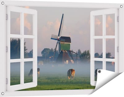 Gards Tuinposter Doorkijk Landschap met Koeien - 90x60 cm - Tuindoek - Tuindecoratie - Wanddecoratie buiten - Tuinschilderij