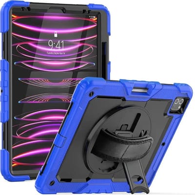 Hoes met ingebouwde Screenprotector Geschikt voor Apple iPad Pro 12.9 | Inclusief 360° Draaibare Handriem en Schouderriem | Extreme bescherming | Ideaal voor zakelijk gebruik | Blauw
