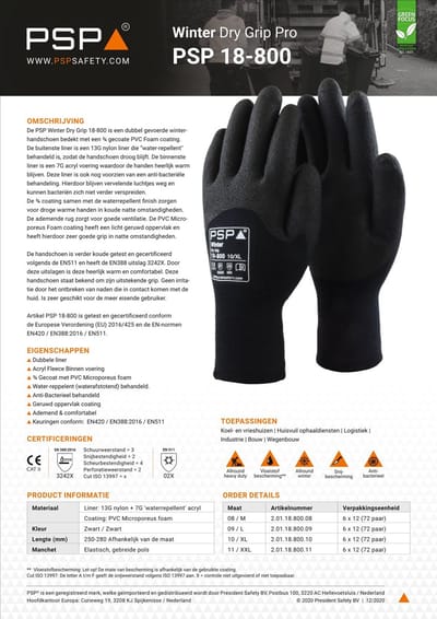 1 paar - Werkhandschoenen PSP 18-800 Winter Dry Grip Pro, Zwart (per paar), maat 08 / M