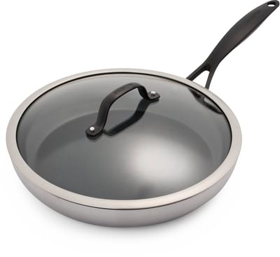 GreenPan Venice Pro Noir RVS Hapjespan met deksel Ø30cm - 4.7L - PFAS-vrij – Inductie – Ovenbestendig tot 200°C – Vaatwasserbestendig – Tri-ply – RVS grepen - Zilver/Zwart