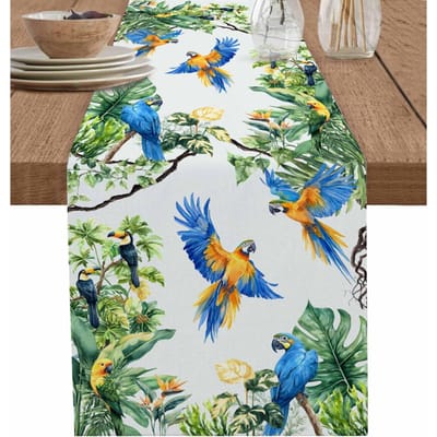 Tropische Palmbladeren Papegaai Vogel Linnen Tafelkleed Huisfeest Decor Tropische Plant Banaanblad Tafelkleden Eettafel Decor 150x33cm