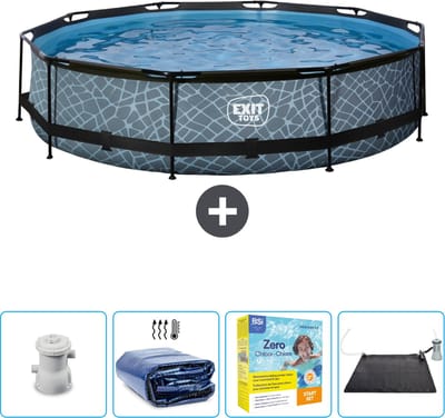 EXIT Rond Stone Frame Zwembad - 360 x 76 cm - Inclusief Pomp Solarzeil - Onderhoudspakket - Solar Mat - Nu extra voordelig