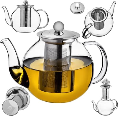 KADAX Theepot 1L met theezeef, theemaker van glas, hittebestendige glazen theepot met uitneembare zeef, theebereider, kan voor verschillende soorten thee
