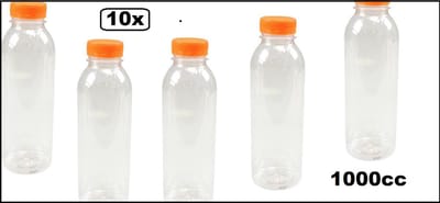 10x Flesje helder 1000cc met oranje dop - drink fles vruchten sap limonade drank