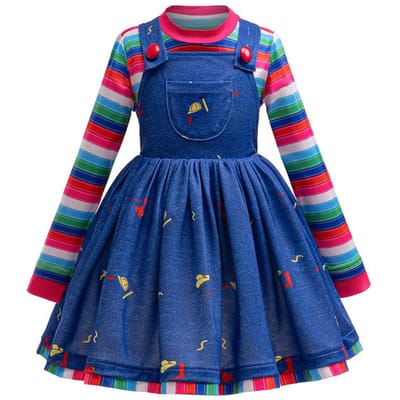 Costume Tueur Halloween Fille Bambin 2 Pièces Robe en Jean Bleu Avec Chemise à Rayures Arc-en-ciel Tenue Pour Enfants Fête d'Horreur Tenue de Jeu 90 blue