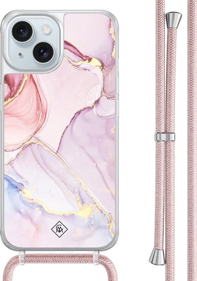 Casimoda® hoesje met rosegoud koord - Geschikt voor iPhone 15 - Marmer roze paars - Afneembaar koord - TPU/acryl - Paars