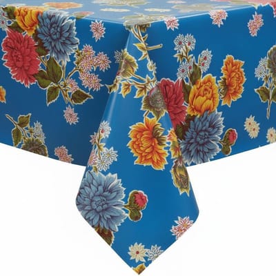 Protecttable - Rond Mexicaans tafelzeil Crisantemos Middenblauw ⌀118cm - Tafelkleed Afwasbaar - Kunststof