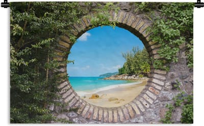 Wandkleed - Wanddoek - Strand - Zee - Doorkijk - Zomer - 180x120 cm - Wandtapijt