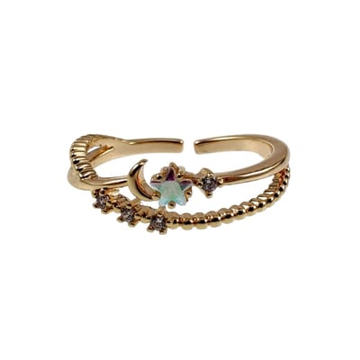 Verstelbare Ring met Sterren, Maan en Zirkonia, Ring, Gold Plated, Dames - Size 16 – 17mm