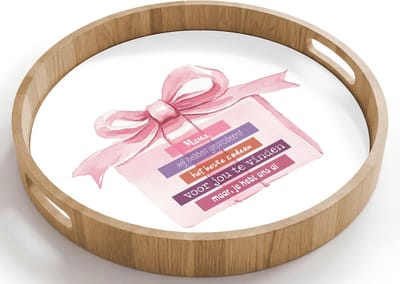 Dienblad rond 40x40 cm - Schootdienblad hout - Cadeau - Strik - Tekst - Roze - Borrelplank rechthoek - Plateau houten dienbladen