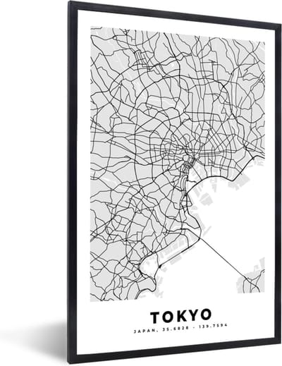 Fotolijst incl. Poster Zwart Wit- Tokyo - Stadskaart - Zwart Wit - Plattegrond - Kaart - 40x60 cm - Posterlijst