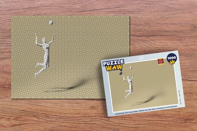 Puzzel Figuurtje die volleybal speelt op een geel kleurige achtergrond - Legpuzzel - Puzzel 1000 stukjes volwassenen