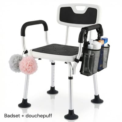 BY JRM® Douchestoel - Douchekruk - Incl. badset, douche puff en douchekophouder - Met Armleuning - Hoogte Verstelbaar - Antislip - Zwart
