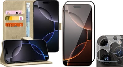 Hoesje geschikt voor iPhone 16 Pro - Screenprotector Volledig Dekkend Glas & Camera - Portemonnee Book Case Goud