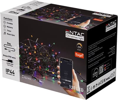 Entac Smart LED Lichtsnoer Kerst 9m - Bestuurbaar met App - Dimbaar - Kerstverlichting voor Buiten en Binnen - Gekleurd Licht RGB