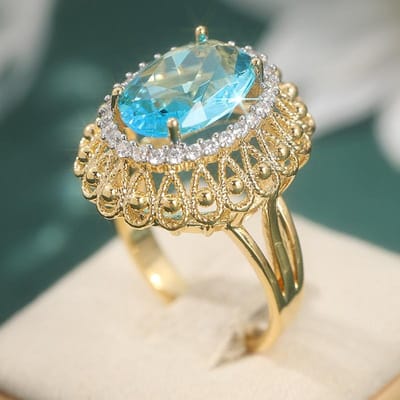 Luxe Temperament Sprankelende Ovalen Blauwe Synthetische Zirkonia Ring voor Vrouwen Vintage Prachtige Banket Festival Sieraden Accessoires 7&Gold-color beige