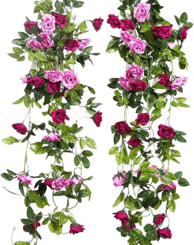SnelShoppen - 2 Stuks 240 cm Lange Tweekleurige Kunstrozenslinger - Hangende Bloemen voor Binnen en Buiten - Bruiloft- en Muurdecoratie in Magenta
