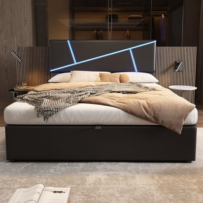 Wishdor Gestoffeerd Bed 140x200 cm – LED met App en Muziekmodus – Hydraulische Opbergruimte – PU – Zwart