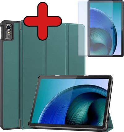 Hoesje - Geschikt voor Lenovo Tab M10 5G - Met Screenprotector - Hardcover Book Case - Trifold Bookcase Hoes - Hard Cover - Tablethoes - Donkergroen