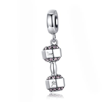 Fler® | Bedel | Past op populaire bedel armbanden (standaard-3mm) | armbandbedel | Halter | Fitness | Hangbedel Charm | 925 Sterling Zilver | Roze Zirkonia | Armband Kraal | Kerstcadeau | Valentijnsdag kado | sportschool | Gym Charm | Dumbell bedel