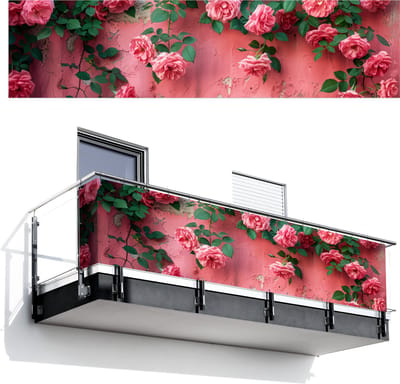 Balkonscherm 500x120 cm - Balkonposter Roze - Bloemen - Rozen - Bladeren - Balkon scherm decoratie - Balkonschermen - Balkondoek zonnescherm
