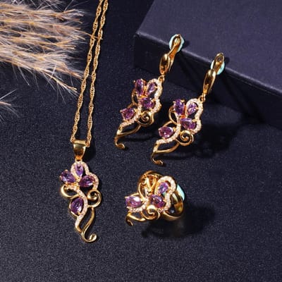 Ensemble de bijoux 5 pièces en Zircone Cubique Violette, Ensemble de bijoux plaqué or Boucles d'oreilles Bracelet Bague et Collier, Cadeau élégant pour une fête resizable black