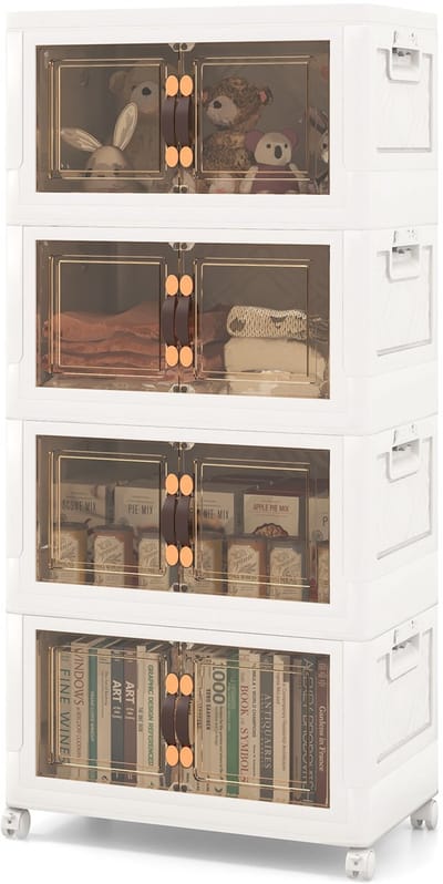 COSTWAY Opvouwbare opbergdoos met deksel, 135 l boxen opslag, set van 4 kunststof stapelbare opbergdozen met wielen en deuren, stapelboxen kunststof, 49,5 x 31,5 x 112,5 cm, wit