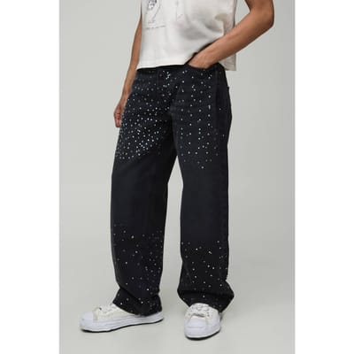 All Over Rhinestone Star Pocket Relaxed Fit Jeans | Washed Black | Size 28R