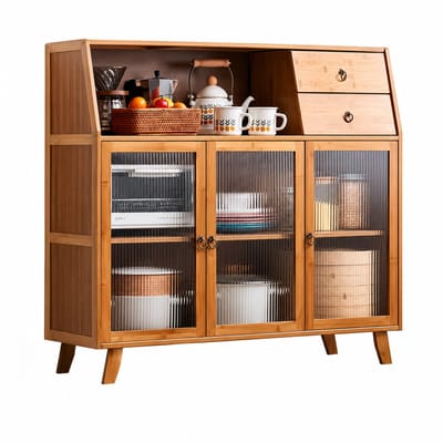 Home & Beyond® Bamboe Opbergkast met 3 Deuren en 2 Laden - Vrijstaande Keukenkast - Buffetkast met Geribbeld Glas - Opbergkast voor Keuken, Woonkamer en Eetkamer - 100 x 95 cm