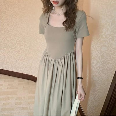 Jurk met vierkante kraag en hoge taille, elegante pasvorm, licht getailleerde zomerjurk, nieuwe Koreaanse rok in middellange en lange uitvoering. L gray