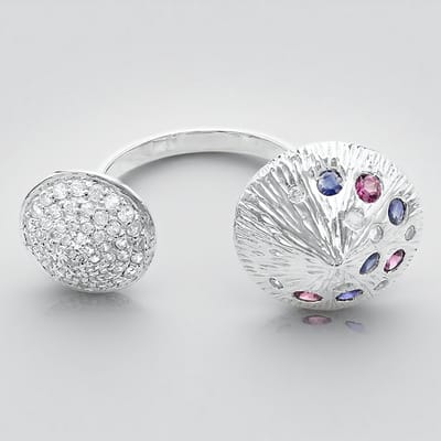 Cavill - Zilveren ring met 1,95 ct kleurrijke Rajasthan Rhodoliet en Blauwe Saffier - 925 Sterling Zilver - Schelpvormig Modern Design - Maat 18