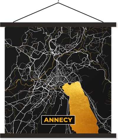 Posterhanger incl. Poster 60x60 cm - Schoolplaat - Annecy - Plattegrond – Stadskaart – Frankrijk - Kaart - Textielposter - Zwarte latten - Stadskaart