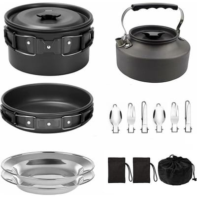 Campingpannenset, antiaanbaklaag, lichtgewicht pot, pan, waterkoker, set met roestvrijstalen platen en zwart