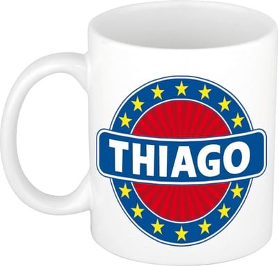 Bellatio Decorations - Thiago voornaam - koffiemok - beker - wit/blauw - 300 ml - Cadeau - Heren - Collega - Vaderdag - Verjaardag