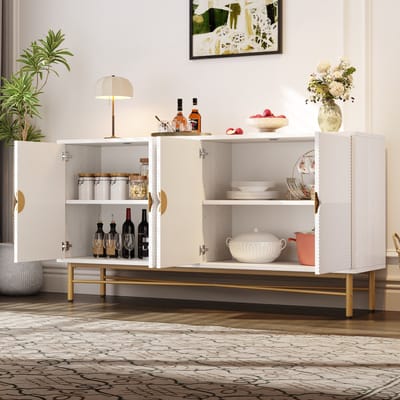 Sideboard met reliëfdeuren - 160x40x82 cm wit/goud - 4 deuren, softclose - Hoogglans poten, geborstelde gouden handgrepen - Geschikt voor woonkamer, eetkamer, slaapkamer