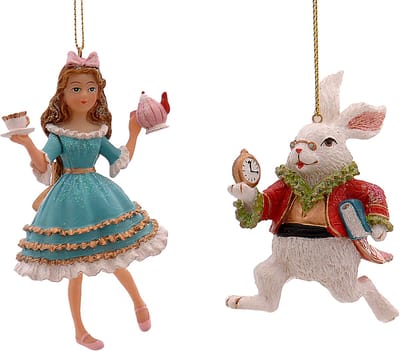 Viv! Christmas Kerstornament - Alice in Wonderland en Konijn - set van 2 - rood blauw - 10cm