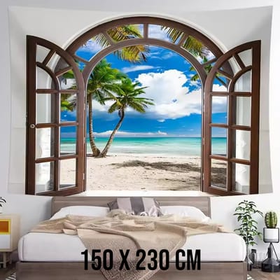 Allernieuwste.nl® Wandkleed XL Raam Tropisch Strand - Kunstzinnige Sfeer - 150 x 230 cm