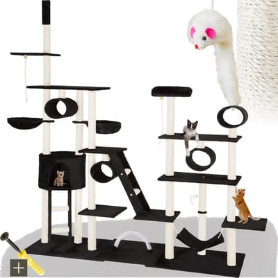 tectake® Grote kattenkrabpaal - Krabpaal met accessoires - Plafondhoog xxl krabpaal - Speeltoren met ligplaatsen, sisal palen, hangmat, kattentrap, tunnels - Wandmontage mogelijk - Afmeting (LxBxH) 218 x 70 x 229,5 cm - 261 cm - Zwart