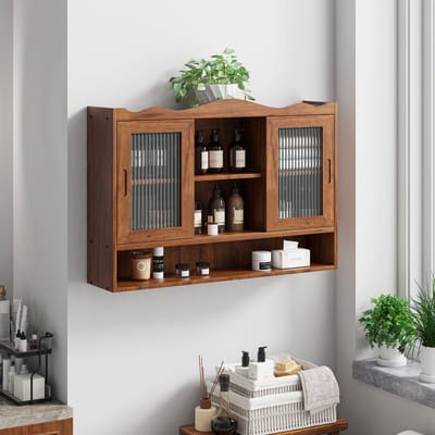 HAUSS SPOLE Badkamerkasten - Wandkast badkamerkast met 2 Schuifdeuren en 3 Opbergniveaus - Hangkast met Uitneembare Planken - 90×20×60 cm - Massief hout - Bruin
