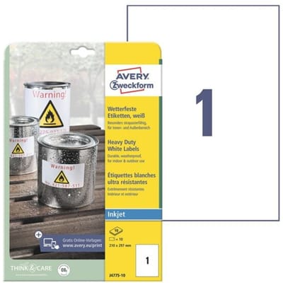 Avery® Zweckform Etiketten J4775, weerbestendig, permanente kleefstof, printer-veilig, rechthoekig, polyester, mat wit, 10 stuks op 10 vel