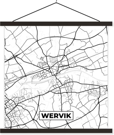 Posterhanger incl. Poster 60x60 cm - Schoolplaat - Stadskaart – Zwart Wit - Kaart – Wervik – België – Plattegrond - Textielposter - Zwarte latten - Stadskaart