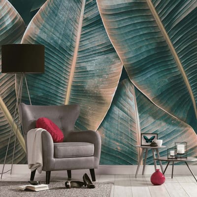 3D behang bladeren groen bruin, Vliesbehang palmbladeren, Jungle behang voor slaapkamer, Fotobehang met bladeren donkergroen, BRICOFLOR.nl